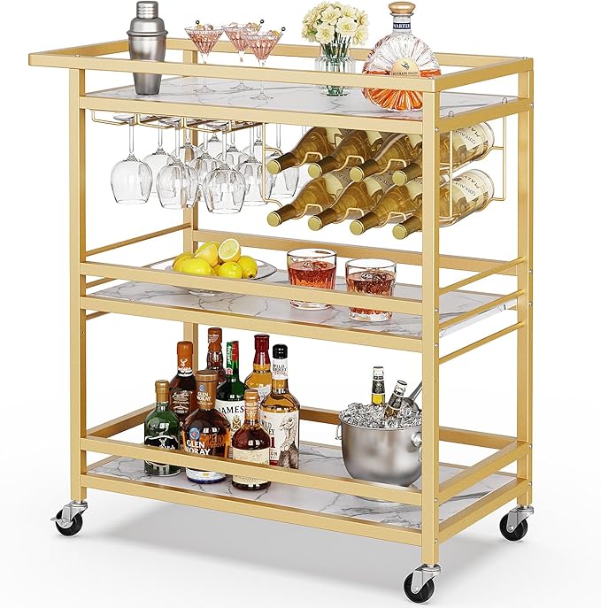 Leteuke Bar Cart for Home, 3 Tier Gold Serving Rolling Carts with Wheels, Drink Cart, Liquor Stand with Marbled Wooden Shelves, Wine Rack and Glass Holder for Kitchen, Dining Room-Ruum Studio Home