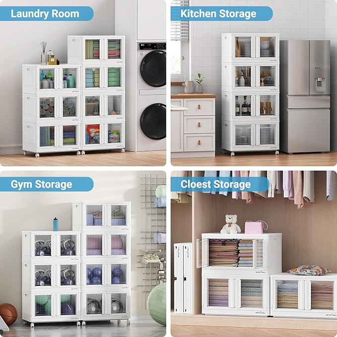 400Qt Stackable Storage Bins with Lids, 100Gal Closet Organizers and Storage Drawer, Plastic Collapsible Storage Bins with Doors, Heavy Duty Store Box Cabinet for Home Kitchen, 4Pack White-Ruum Studio Home