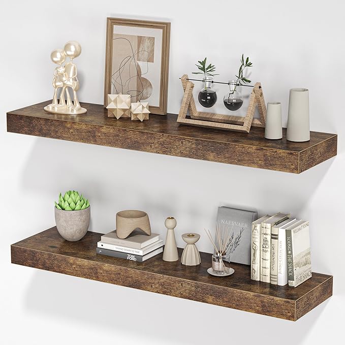 Floating Shelves for Wall, 31.5"W x 6.7"D x 1.5"H, Wooden Wall Mounted Display Shelf with Invisible Brackets for Living Room, Bedroom, Bathroom, Kitchen Decor & Storage, Set of 2, Rustic Brown-Ruum Studio Home