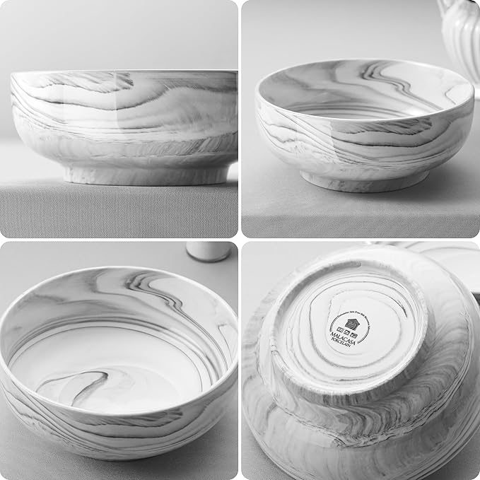 MALACASA Large Serving Bowls, 60 OZ (8'') Salad Bowls Set of 2, Ceramic Mixing Bowls for Kitchen, Serving Bowl for Soup, Pasta, Side Dishes and Entertaining, Marble Grey, Series REGULAR-Ruum Studio Home