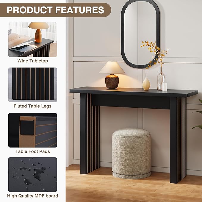 AVZEAR Mid Century Narrow Entryway Console Table, 43.3" Fluted Wood Couch Table Behind Sofa Long and Skinny for Living Room Hallway Entrance Foyer, Black-Ruum Studio Home