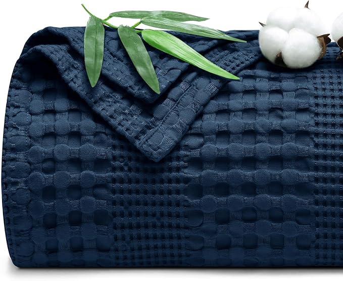 PHF Cooling Waffle Blanket Queen Size, Lightweight 60% Rayon Derived from Bamboo & 40% Cotton Breathable Blanket for Hot Sleepers, Soft and Luxury for Bed Couch and Sofa, 90"x90", Navy Blue-Ruum Studio Home