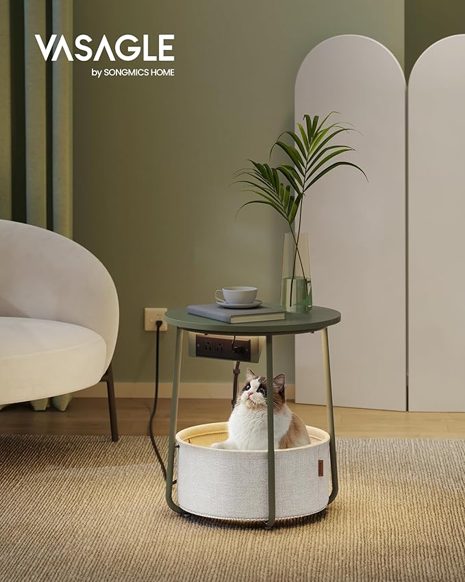 VASAGLE Side Table with Charging Station, Round End Table with Fabric Basket, LED Nightstand with Power Outlets, USB Ports, for Living Room, Bedroom, Modern, Forest Green and Cream White ULET227C01-Ruum Studio Home