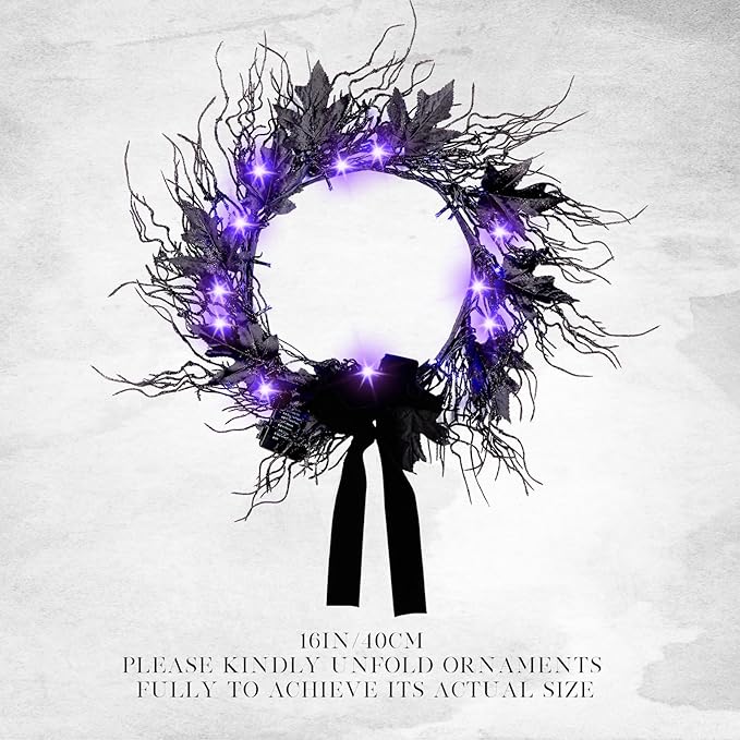 JORNOY 16inch LED Halloween Wreath with Battery Timer - Black Artificial Leaves&Silk Ribbon Decor Hanging for Front Door, Mantel, Porch, Wall, Party Decorations-Ruum Studio Home