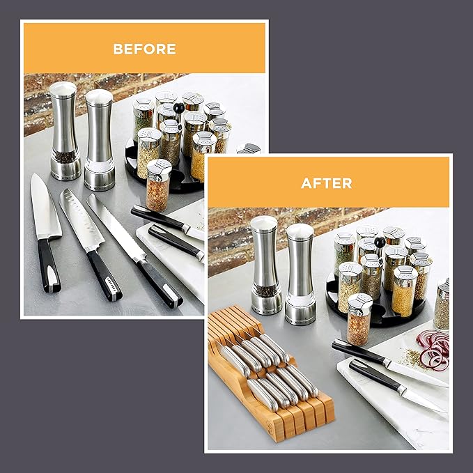 In-Drawer Knife Block - Bamboo Knife Drawer Organizer for Kitchen - Fits 5 Long + 6 Short Knives - Store Knives with Blades Pointing Down - Wooden Steak knife Holder without Knives - Chef Gift Idea-Ruum Studio Home