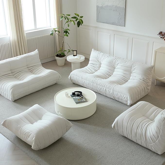 Luxury Ottomans, Modern Square Foot Rest for Sofa Couch Chair, Lazy Floor Seating, Fireside Bean Bag Chair, Tatami Sofa Lounger for Living Room, Bedroom, Office, White-Ruum Studio Home