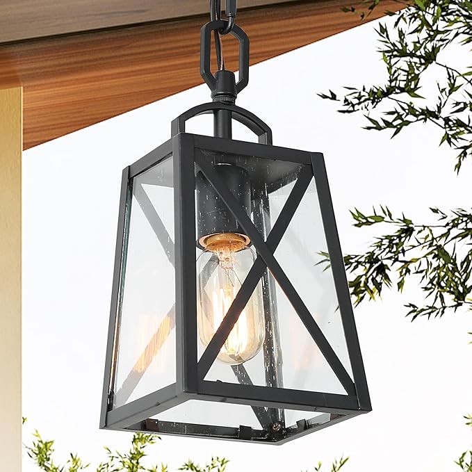LOG BARN Outdoor Pendant Light Fixture, Farmhouse Exterior Lights, Anti-Rust Ceiling Outdoor Light with Seeded Glass, Lantern Hanging Light for Front Door, Entry, Porch, and Gazebo-Ruum Studio Home