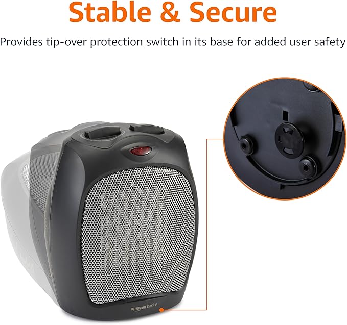 Amazon Basics Ceramic Space Heater, Portable Indoor Heating Solution, With Overheat and Tip-Over Protection, Thermostat, Non-Oscillating, 1500W, 7.52"D x 6.34"W x 9.45"H, Black-Ruum Studio Home
