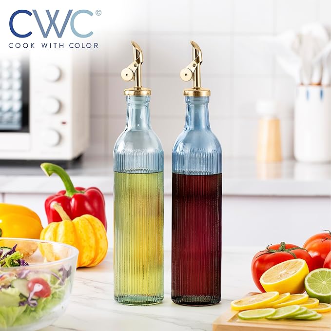 COOK WITH COLOR Glass Olive Oil Bottle Dispenser - 2 Pack- 17oz Oil and Vinegar Cruet - Olive Oil Carafe Decanter for Kitchen-Ruum Studio Home