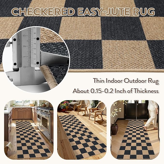 Lahome Checkered Easy Jute Runner Rug, 2x8 Kitchen Rug Non Slip Washable Outdoor Runner for Entryway Indoor, Checkerboard Black Indoor Outdoor Carpet for Hallway 8ft Entry-Ruum Studio Home