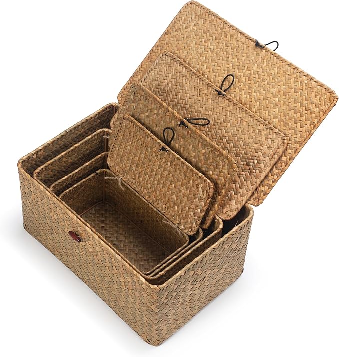 Wicker Basket with Lid, Seagrass Storage Basket, Woven Baskets for Storage, Decorative Storage Baskets for Shelf Organizing, Natural-Ruum Studio Home