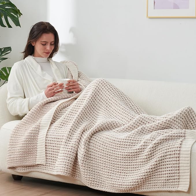 Amélie Home Chenille Waffle Throw Blanket for Couch, Reversible Pineapple Stitch Knit Soft Cozy Knit Blanket Lightweight Warm Decorative Throw for Sofa, Bed, Living Room, 60"x80", Beige&Ivory-Ruum Studio Home
