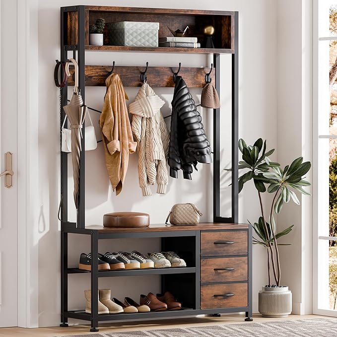 Lulive Hall Tree with Bench and Shoe Storage, 31.5" Coat Rack Freestanding with 2-Tier Storage Shelf, 6-in-1 Entryway Bench Coat Rack with 12 Hooks and 3 Drawers(Rustic Brown)-Ruum Studio Home