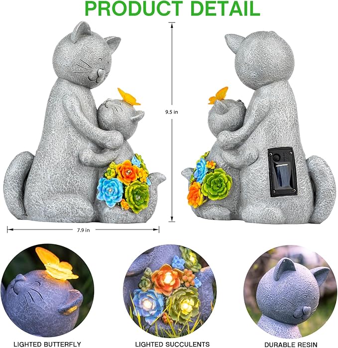 Solar Garden Statues Loving Cat Figurine Lights for Outside, Yard Decorations Outdoor, Garden Decor Unique Mothers Day Birthday Housewarming Gifts for Mom, Women-Ruum Studio Home