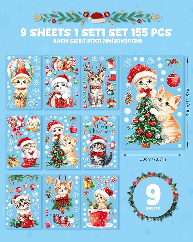 Christmas Window Clings Decorations - Cute Funny Double-Sided Static Stickers for Glass Windows and Doors, Perfect Decorations, with Cat Kitten Pattern, Reusable 9 Sheets-Ruum Studio Home