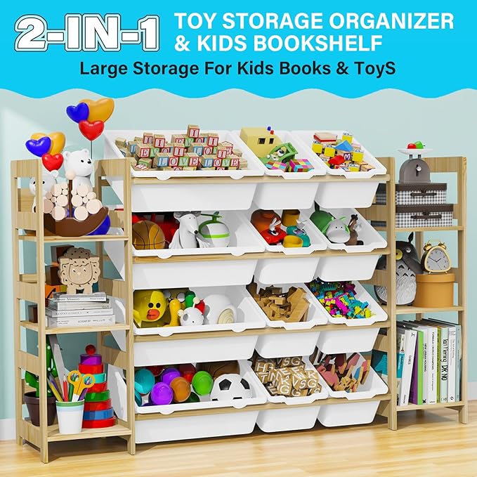 Toy Storage Organizer, with 4-Tier Toy Shelf and 12 Bins, Kids Bookshelf and Toy Storage with 6 Shelves for Kids Room Bedroom Playroom Nursery Room-Ruum Studio Home