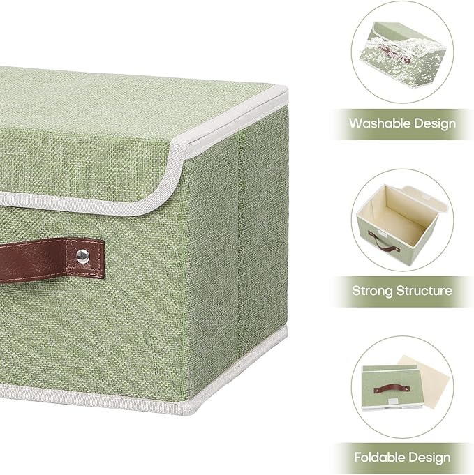 ANMINY 4PCS Storage Bins with Lid PU Leather Handles Storage Boxes PP Plastic Board Decorative Foldable Lidded Cotton Linen Fabric Home Cubes Baskets Closet Organizer Containers - Green, Small Size-Ruum Studio Home