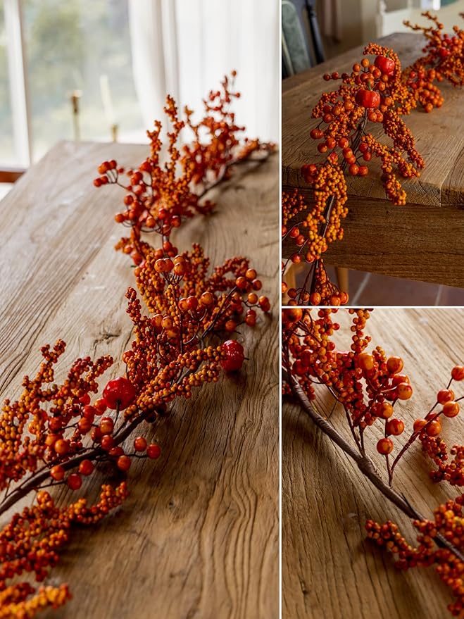 MISSPIN 6FT Pumpkin Berry Garland, Halloween Garland Fall Maple Leaf Artificial Hanging Autumn Vine Leaf Fall Decor Black Maple Fall Leaf Christmas Thanksgiving Halloween Home Decor-Ruum Studio Home