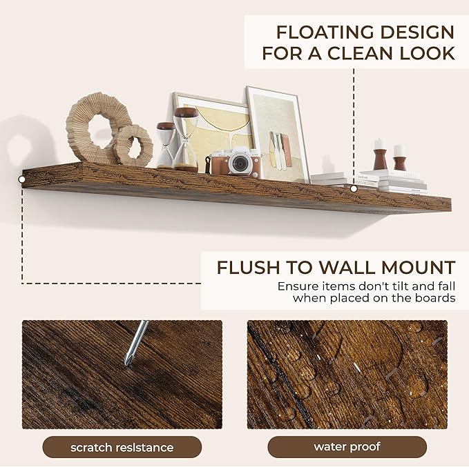RICHFOCUS 72Inch Floating Shelves for Wall 2 Pack Shelves for Bedroom|Kitchen|Bathroom Wall Mounted Rustic Wood Floating Shelf with Invisible Brackets for Books|Storage|Decor, Rustic Brown-Ruum Studio Home