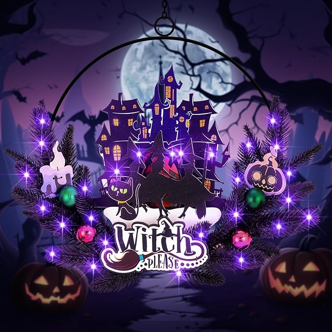 Lighted Halloween Wreaths for Front Door, Welcome Metal Wooden Door Wreath Decor Hanging Sign, 30 LED Lighted Wall Decor Battery Operated for Halloween Indoor Outdoor (Witch)-Ruum Studio Home