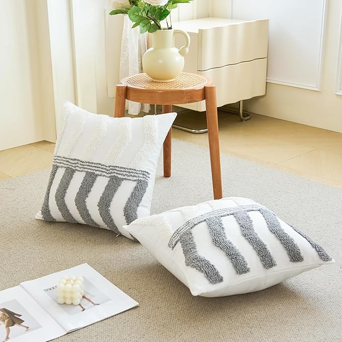 HOdo Home 18x18 Throw Pillow Covers, 2PCS Tufted Boho Jacquard Pillow Covers,Farmhouse Decorative Pillow Cover,Pillow Cases for Couch Sofa Bed Stylish Decor, Simple Textured Cushion Sham-Ruum Studio Home