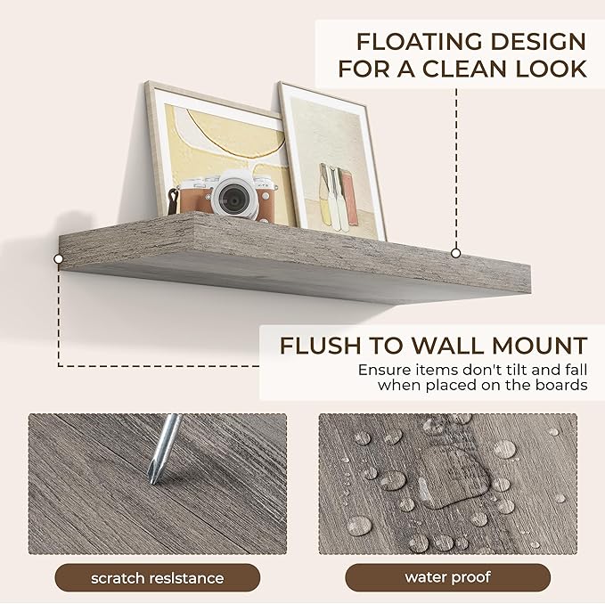 RICHFOCUS 36Inch Floating Shelves for Wall 2 Pack Shelves for Bedroom|Kitchen|Bathroom Wall Mounted Rustic Wood Floating Shelf with Invisible Brackets for Books|Storage|Decor, Grey-Ruum Studio Home