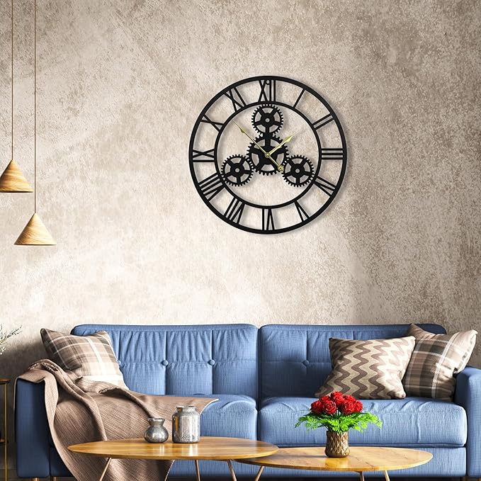 24inches/60cm Wall Clocks for Living Room Deco Non Ticking Silent Battery Operated Metal Modern Vintage Roman Numeral Oversized Gear Wall Clocks for Bedroom Kitchen Fireplace Office Farmhouse-Ruum Studio Home