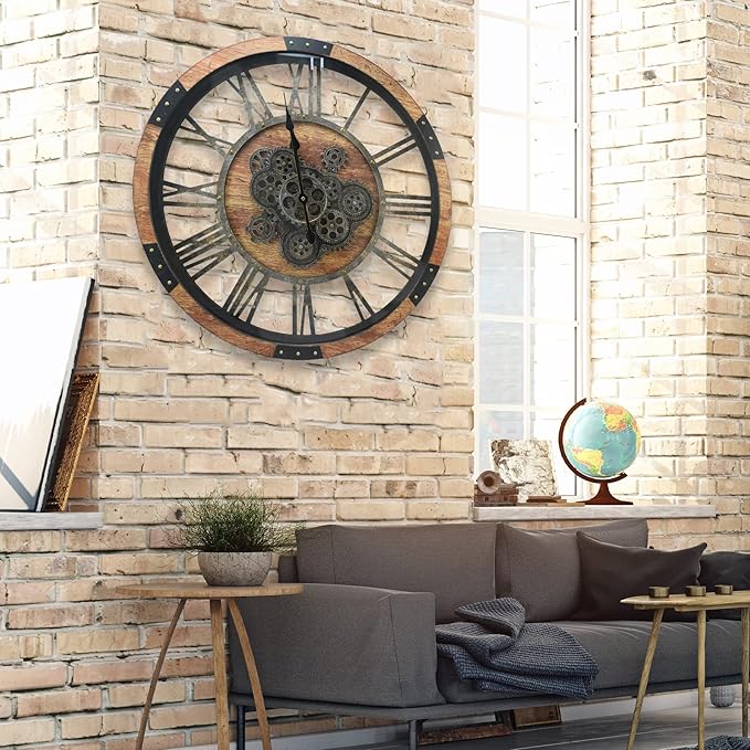 DORBOKER 36'' Large Wall Clock Real Moving Gears Oversized Industrial Solid Wood Rusic Farmhouse Clocks for Living Room Wall Decor Home Office, 36 inch 90cm, Brown and Vintage Bronze-Ruum Studio Home