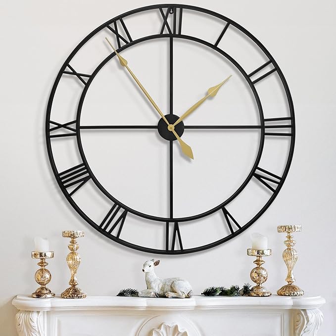 LEIKE 40 Inch Extra Large Modern Wall Clock, Oversize Rustic Round Nearly Silent Battery Operated, Black Metal Roman Numerals Wall Clocks for Living Room, Bedroom, Entrance Home Decor-Ruum Studio Home
