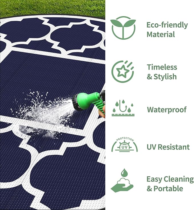 GENIMO 10 ' Round Outdoor Rug for Patio, Waterproof Indoor Outdoor Plastic Straw Rugs Carpet, Reversible Outside Area Mat for Camping, Balcony Porch, Deck, Picnic, Blue White-Ruum Studio Home