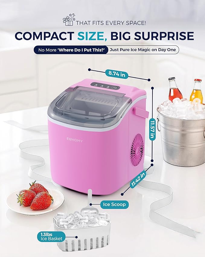 EUHOMY Countertop Ice Maker Machine with Handle, 26lbs in 24Hrs, 9 Ice Cubes Ready in 6 Mins, Auto-Cleaning Portable Ice Maker with Basket and Scoop, for Home/Kitchen/Camping/RV. (Pink)-Ruum Studio Home