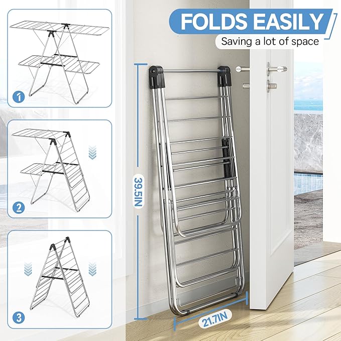 APEXCHASER Clothes Drying Rack with 4 Wings, Drying Rack Clothing with Height-Adjustable, Foldable Gullwings Laundry Drying Rack, Indoor Outdoor Use, No Assembly, Black-Ruum Studio Home