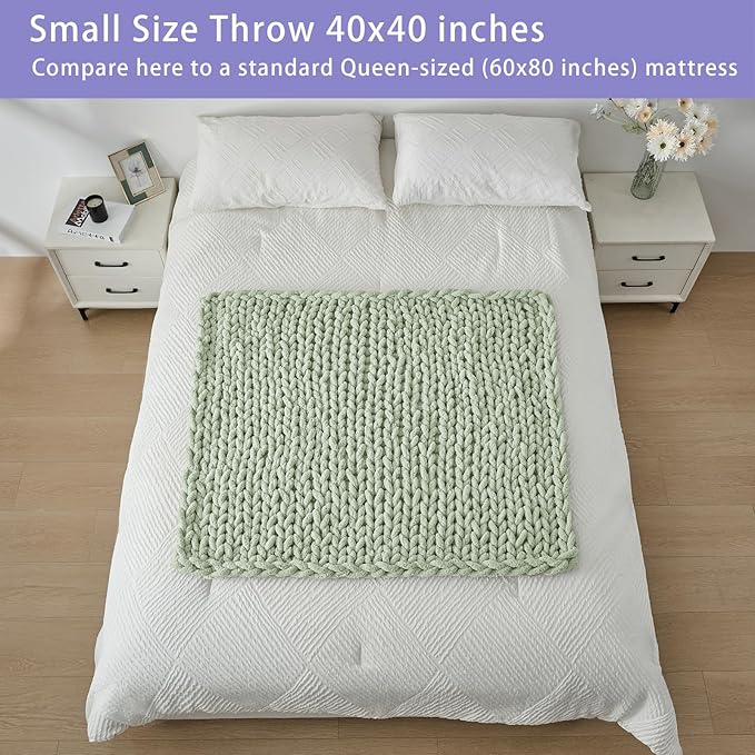 Bigacogo Chunky Knit Throw Blanket for Couch, 40x40 inches, 100% Hand Knitted with Thick Jumbo Chenille Yarn, Cozy Soft Large Rope Knot Cable Crochet Blankets for Sofa Bed Living Room, Sage Green-Ruum Studio Home