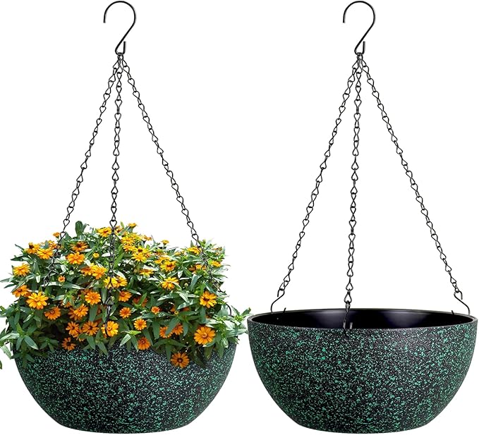 10inch Hanging Planters for Outdoor Indoor Plants with Drainage Holes and Chain, 2 Pack Round Hanging Flower Pots for Garden Home Porch Decor, Black with Green Speckles-Ruum Studio Home