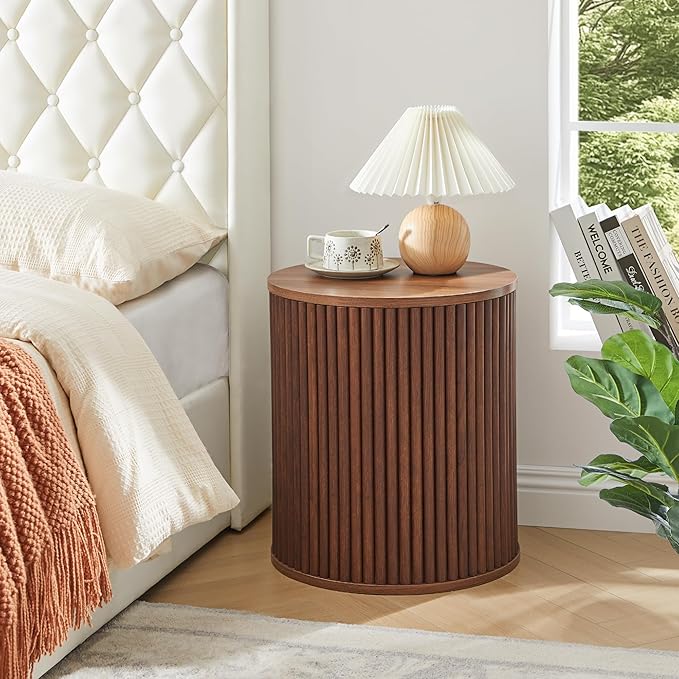AVZEAR Fluted Round Side Table with Storage, Small Mid Century End Table Fluted Nightstands, Modern Circle Bedside Tables Wood Night Stand for Small Spaces, Living Room, Bedroom (Rustic Walnut)-Ruum Studio Home
