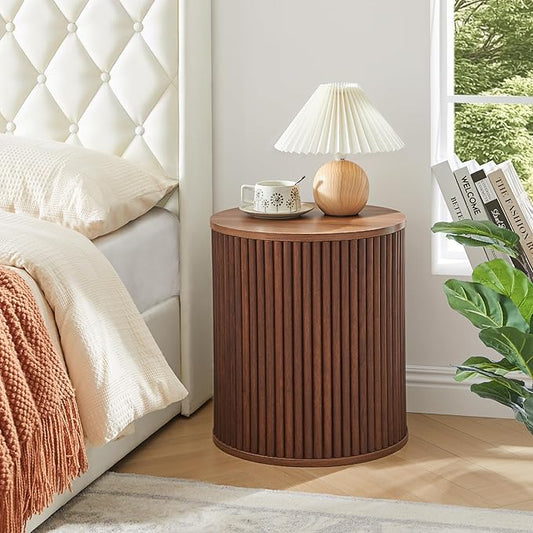 AVZEAR Fluted Round Side Table with Storage, Small Mid Century End Table Fluted Nightstands, Modern Circle Bedside Tables Wood Night Stand for Small Spaces, Living Room, Bedroom (Rustic Walnut)-Ruum Studio Home