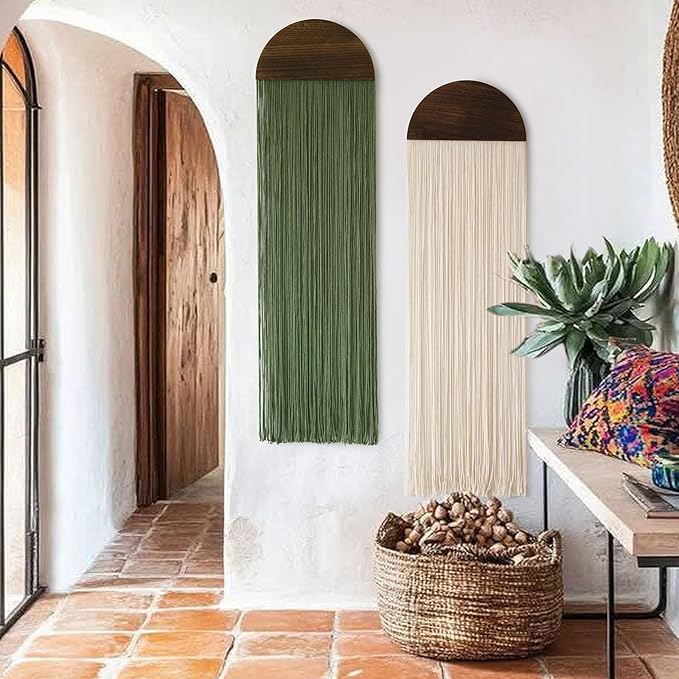 Flber 2 Pcs Macrame Wall Hanging Boho Decor Wall Tapestry Handmade Round Tassel 13.7" W x 51" L For Living Room Bedroom Headboard Decor-Ruum Studio Home