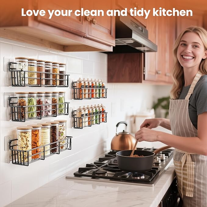 5 Pack Spice Rack Seasoning Organizer Wall Mount, Screw or Adhesive Hanging Shelf Basket Spice Organizer Shelf for Kitchen, Black-Ruum Studio Home