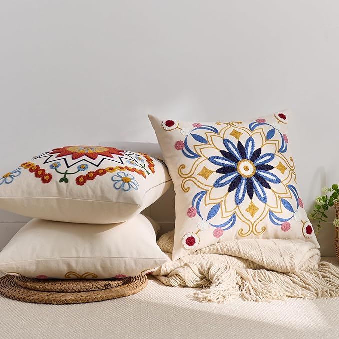 Embroidered Throw Pillow Cover 18x18 Classic Boho Floral Pattern Pillows Cover Outdoor Decorative Pillowcase,Durable Cozy Textured Cushion Case for Sofa Couch Bed Living Room,Blue-Ruum Studio Home