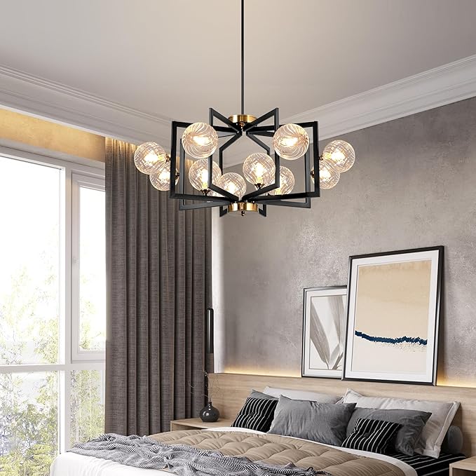 12 Light Black Farmhouse Chandelier Geometric Metal Dining Room Light Fixture Height Adjustable Black Chandeliers for Dining Room Clear Glass Farmhouse Industrial Pendant Lights for Bedroom, Entryway-Ruum Studio Home