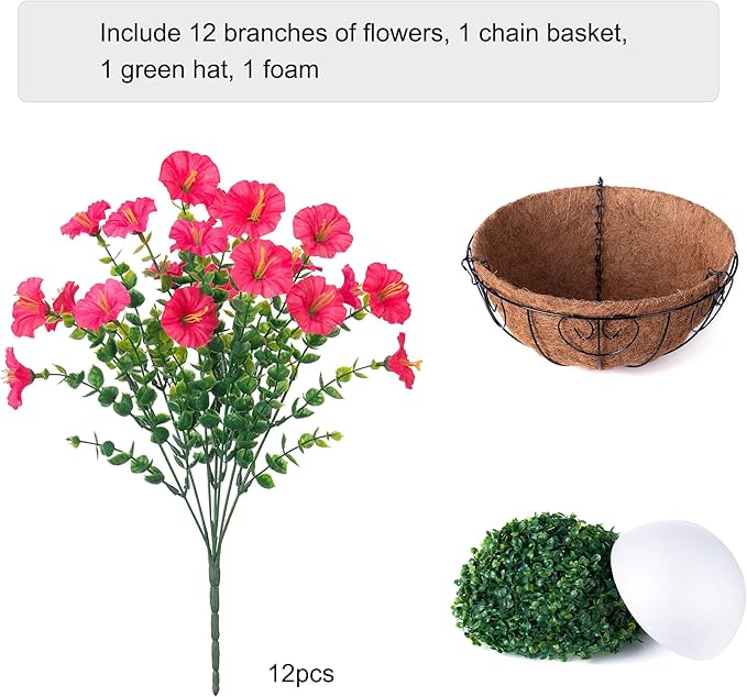 Artificial Faux Hanging Plants Flowers Basket for Outdoor Outside Spring Summer Decoration, Silk Morning Glory in Planter UV Resistant Look Real Fake Flower for Porch Patio Balcony Home Yard, Hot Pink-Ruum Studio Home