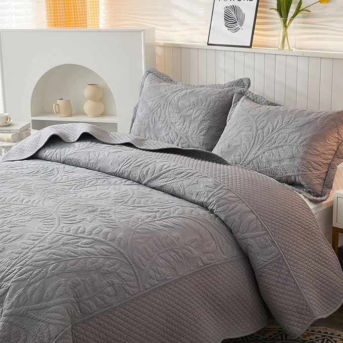 MarCielo 3-Piece 100% Cotton Oversized Bedspread Lightweight Quilt Coverlet Embroidery Farmhouse Bedding Set T0 (Light Grey, Oversized Queen (100"x106"))-Ruum Studio Home