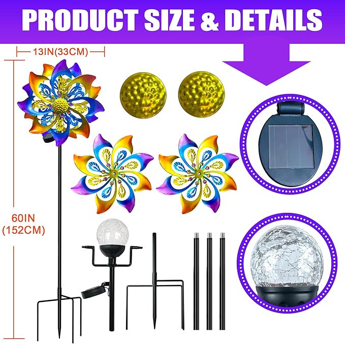 60 Inch Solar Wind Spinner Outdoor - Double-Sided Rotating Colorful Kinetic Wind Spinners for Garden, Yard Decorations Outdoor,Metal Wind Sculptures & Spinners, Wind Art-Ruum Studio Home