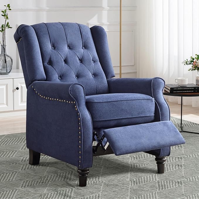 CANMOV Push Back Recliner Chair,Accent Chair, Mid Century Wingback Recliner, Fabric Push Back Recliner Chair Single Armchair Sofa with Rivet Decoration, Button-Tufted Back for Living Room,Dark Blue-Ruum Studio Home