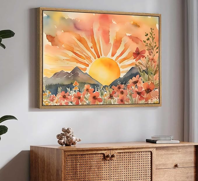 Framed Boho Sun Canvas Wall art Mid-Century Modern Abstract Bohemian Sunset in The Mountains Watercolor Wildflowers Sunrise Landscape Picture Wall Decor Poster Print Artwork for Living Room-Ruum Studio Home