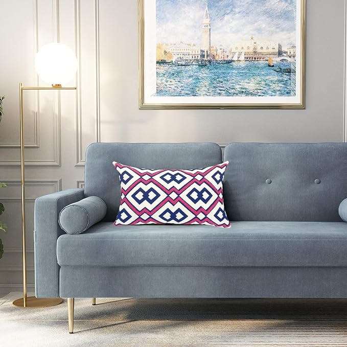 Alysheer Embroidered Lumbar Decorative Throw Pillow Cover 12"x 20", Classic Boho Geometric Embroidery Pattern Cotton Rectangular Cushion Case for Sofa Couch Living Room Bedroom(Blue Pink)-Ruum Studio Home
