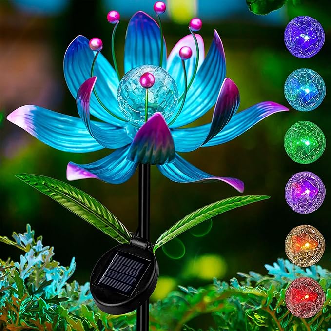 Solar Wind Spinner, 38 Inch Metal Stake Yard Spinners,Solar Powered Multi-Color LED Glass Ball with Kinetic Wind Sculpture Spinner Windmills for Yard (38IN-Purple)-Ruum Studio Home