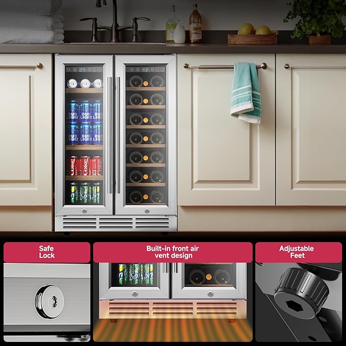 24" Wine and Beverage Refrigerator, Dual Zone Wine Cooler with Glass Door, Hold 88 Cans & 21 Bottles, Built in or Freestanding Under Counter Wine Fridge with Blue LED Light.-Ruum Studio Home