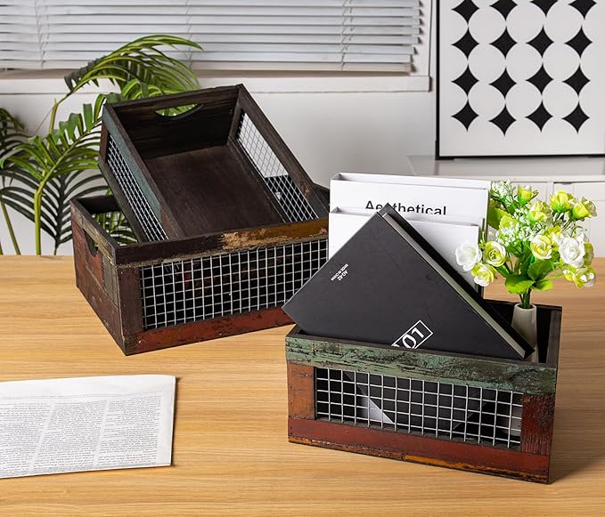 TIMRIS Set of 3 Rustic Wood Nesting Crates, Farmhouse Distressed Wooden Storage Boxes, Decorative Reclaimed Wood Organizer Baskets with Wire Mesh (Random)-Ruum Studio Home