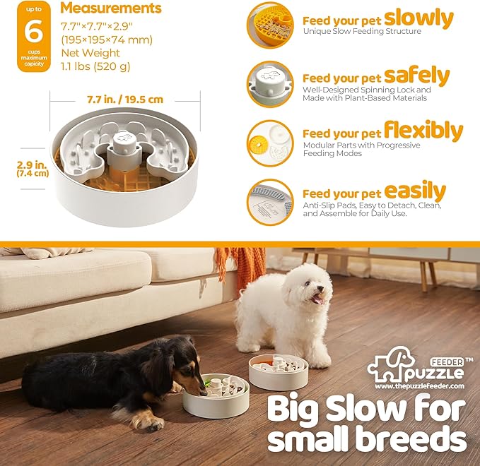 Slow Feeder Dog Bowl with Lick Mat and Puzzle Inserts - Non-Slip Base, Adjustable Speed Design, Dishwasher Safe for Puppies, Orange-Ruum Studio Home
